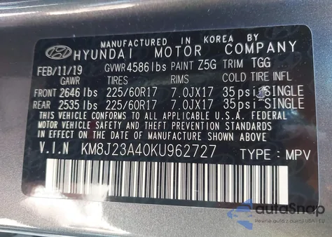 2019 Hyundai Tucson Se from USA, damaged, VIN KM8J23A40KU962727